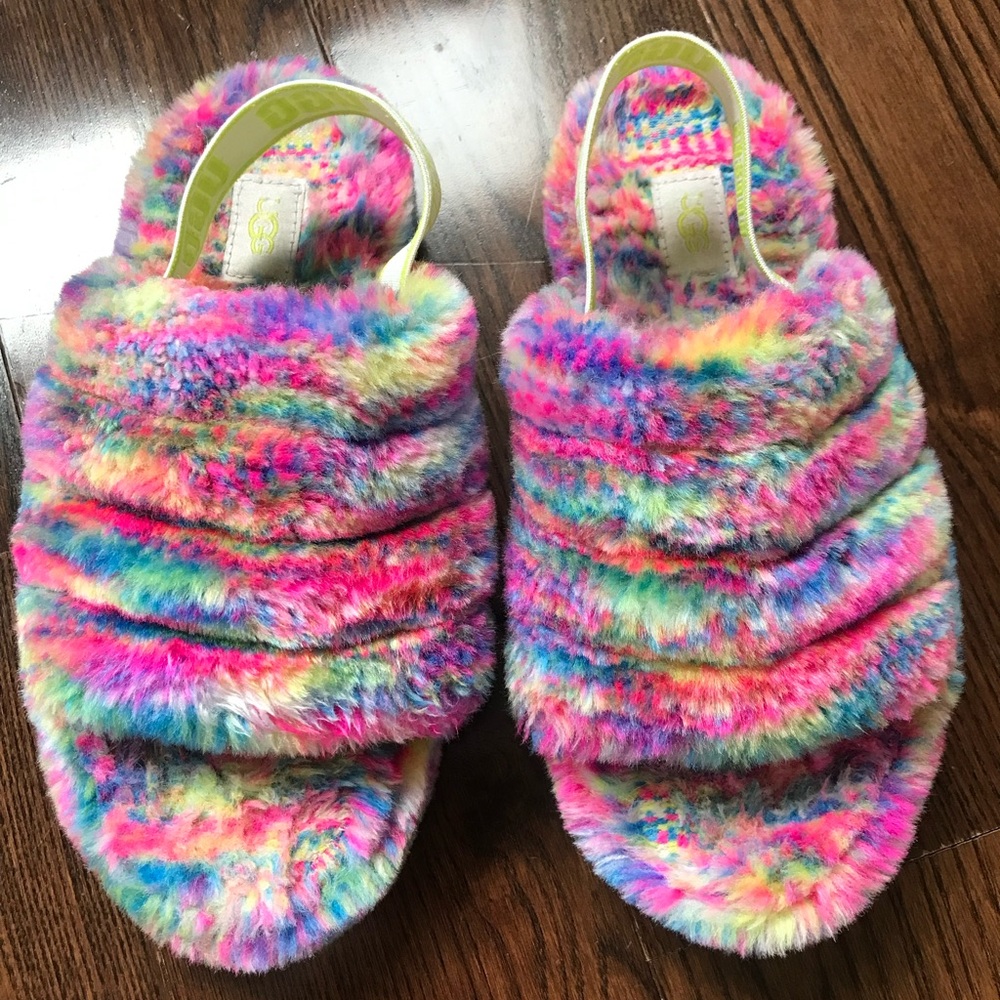 UGG Fluff Yeah Pixelate Slide Slippers Faux Fur Rainbow Fuzzy Cozy Colourful 4